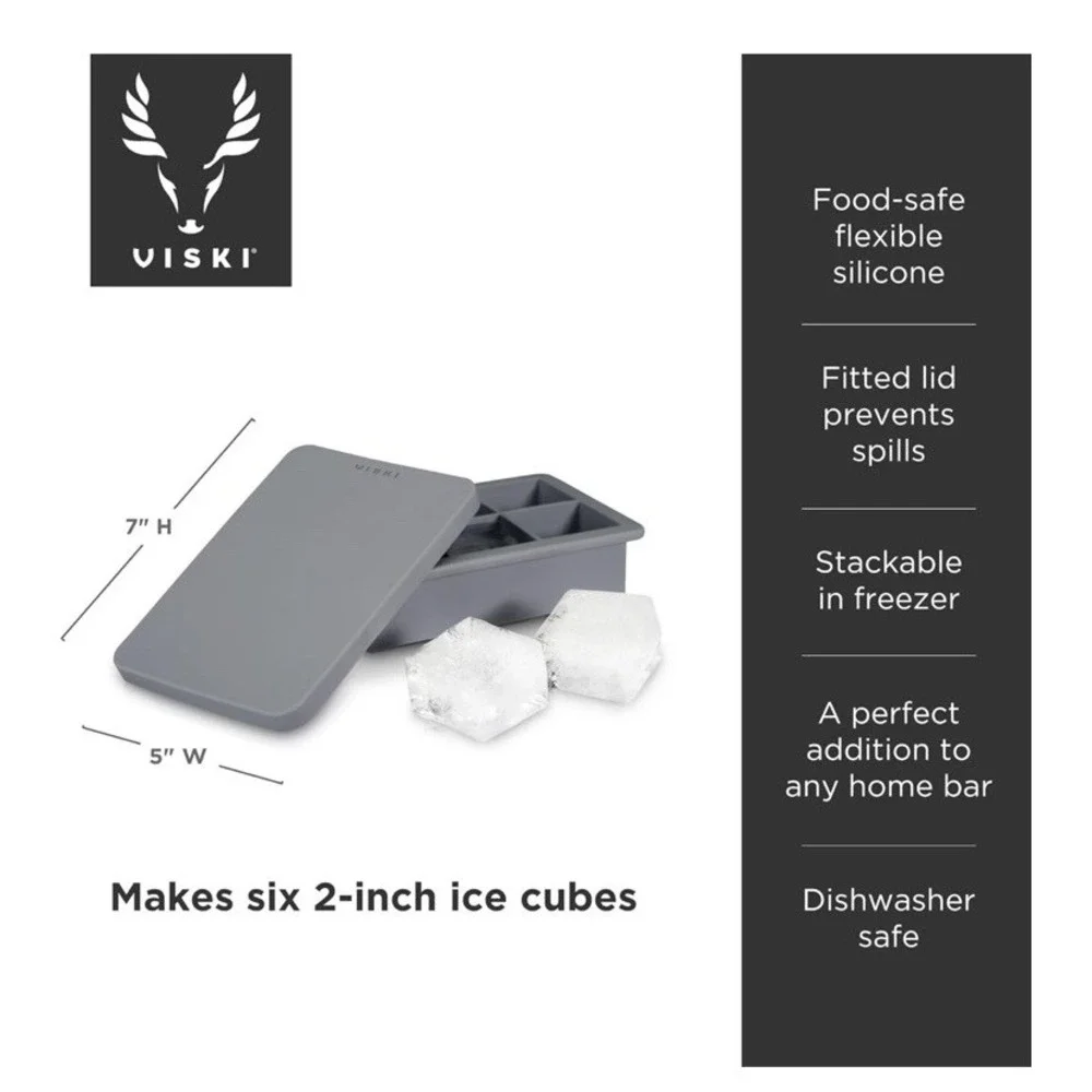 Viski Whiskey Ice Cube Tray with Lid, Large Makes Six 2-Inch Ice Molds,‎ NIB